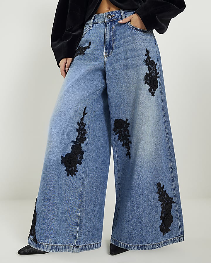 Petite Blue Baggy Fit Orchid Applique Jeans
