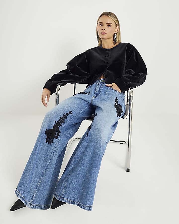 Petite Blue Baggy Fit Orchid Applique Jeans