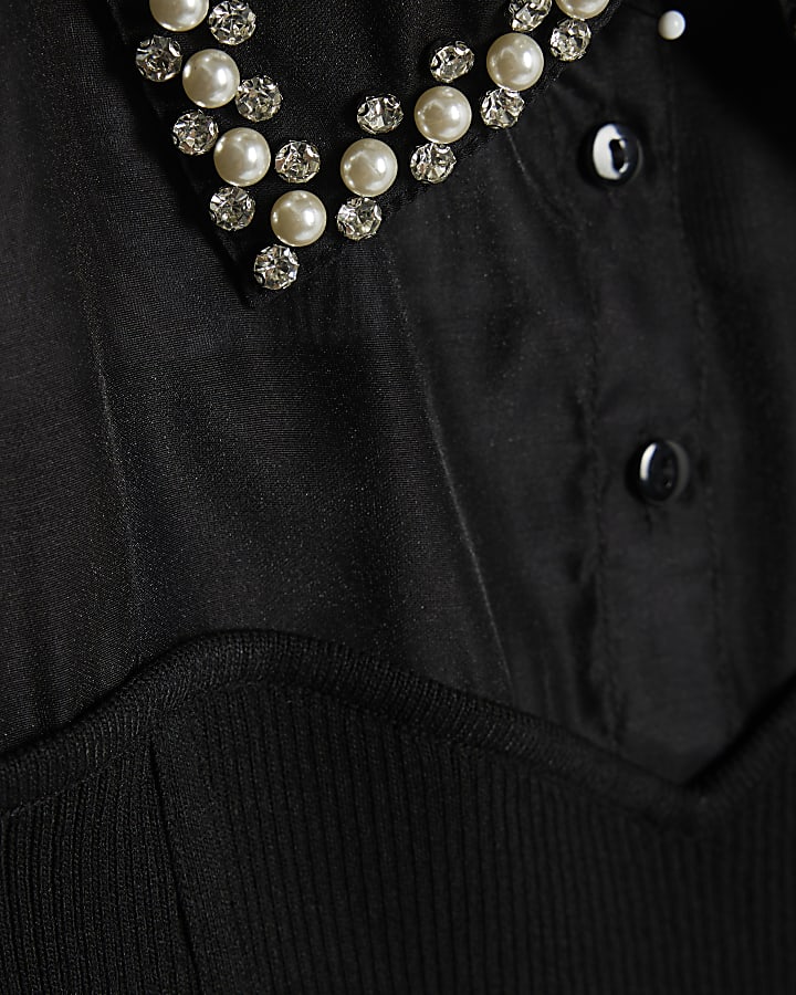 Black Embellished Collar Hybrid Knit Top