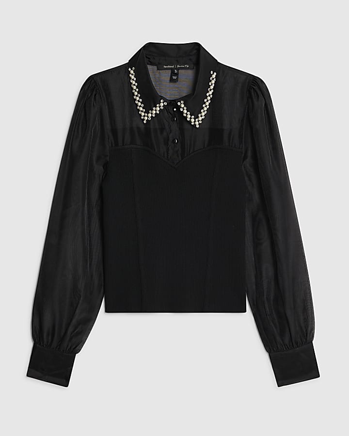 Black Embellished Collar Hybrid Knit Top