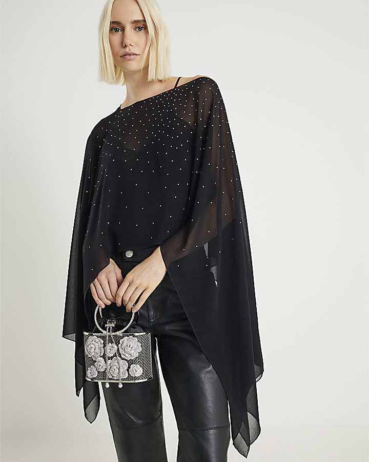 Black Diamante Embellished Waterfall Cape