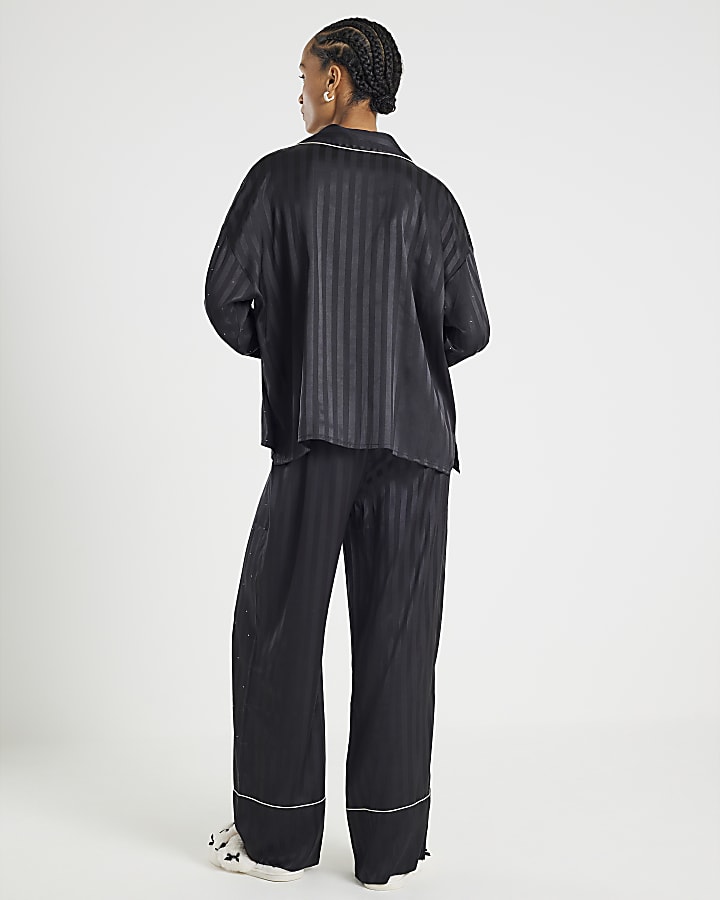 Black Embellished Satin Striped Pyjamas
