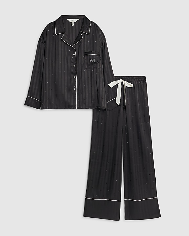 Black Embellished Satin Striped Pyjamas