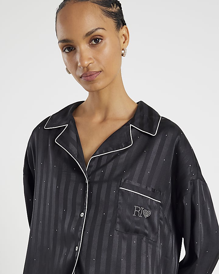 Black Embellished Satin Striped Pyjamas
