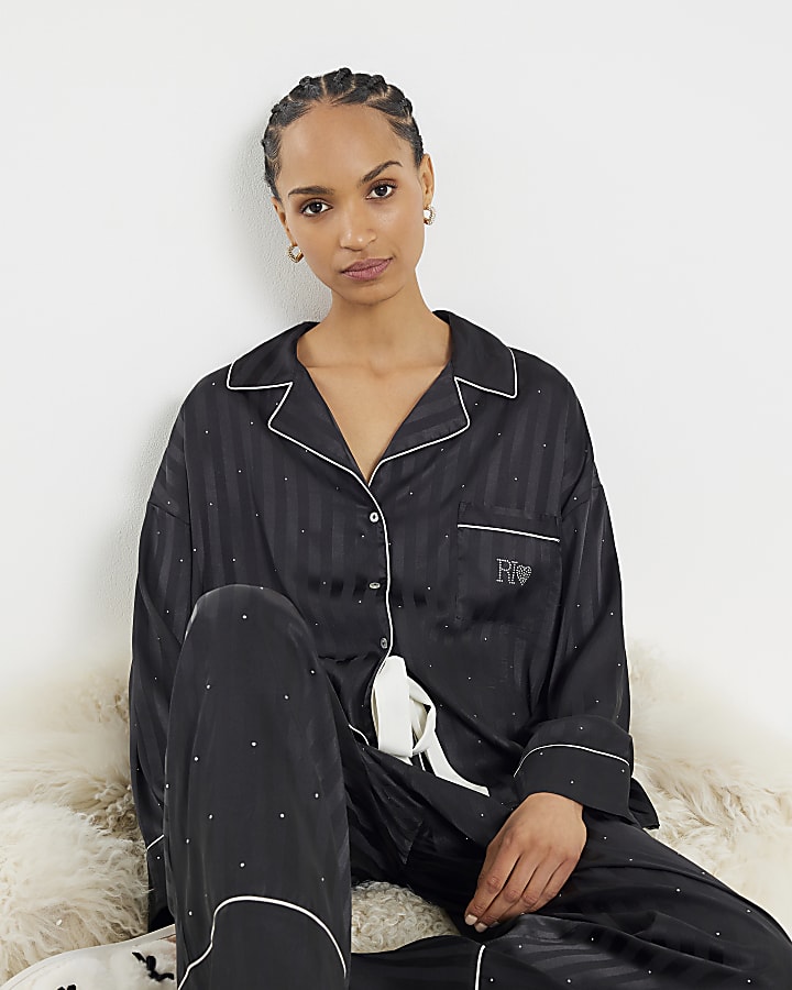 Black Embellished Satin Striped Pyjamas
