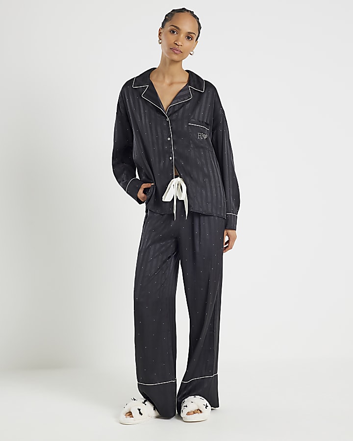 Black Embellished Satin Striped Pyjamas