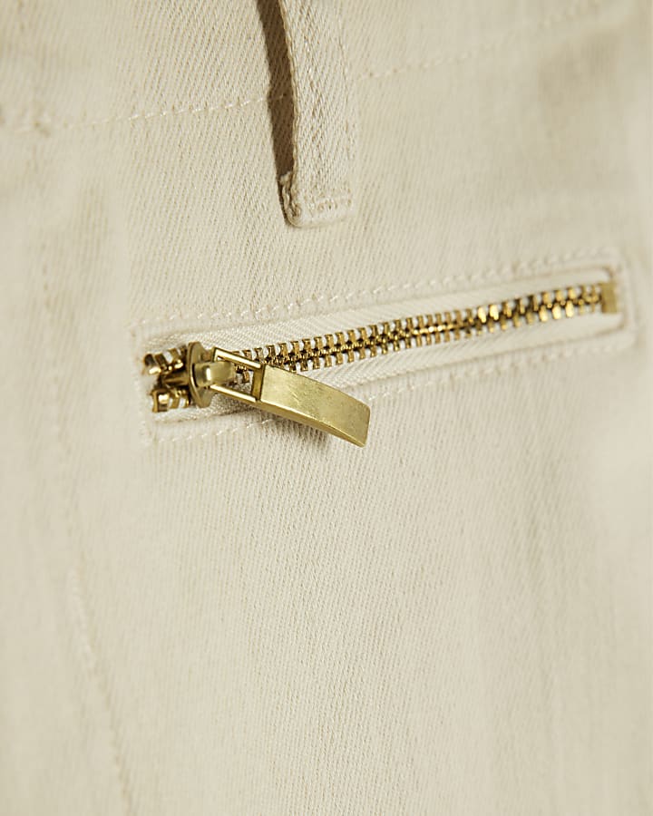 Cream Zip Front Relaxed Flared Jeans