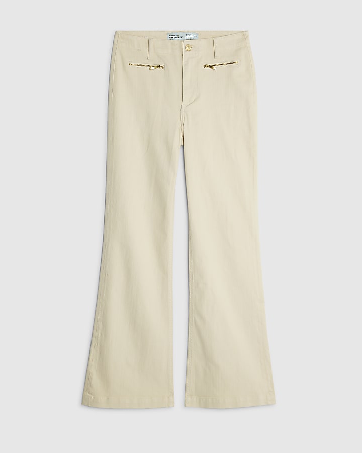 Cream Zip Front Relaxed Flared Jeans