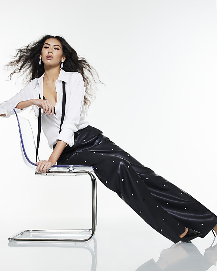 Black Faux Leather Pearl Trousers