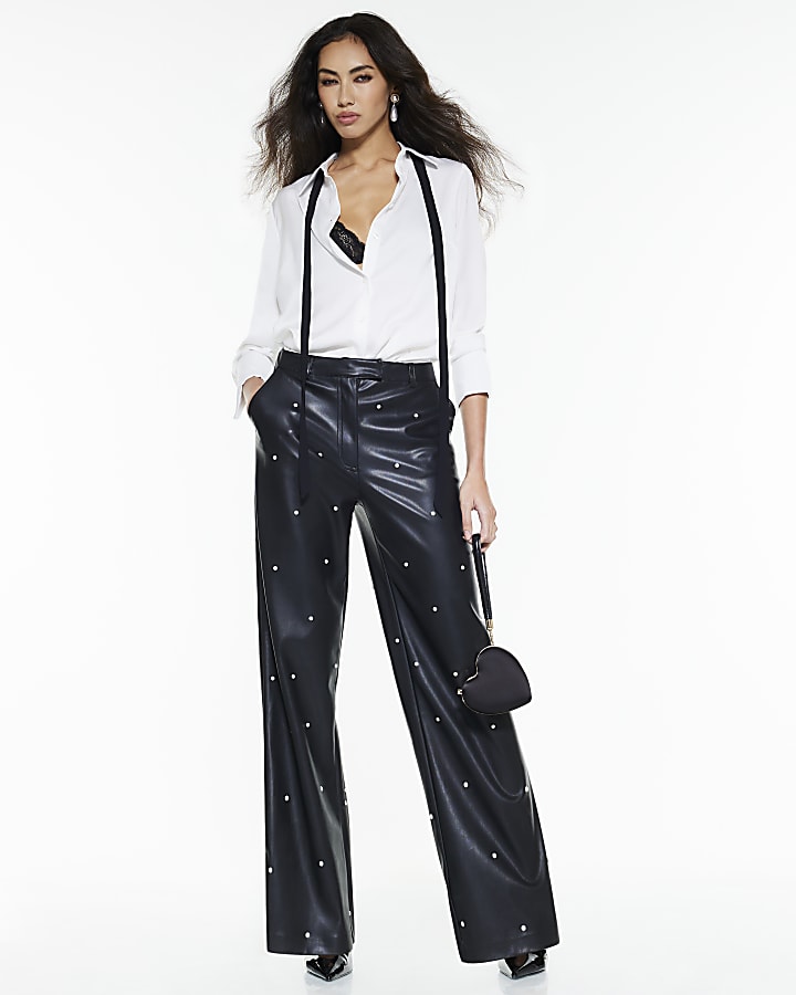 Black Faux Leather Pearl Trousers