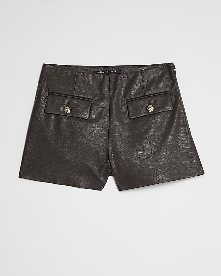 Brown Croc Print Pocket Detail Hotpant Shorts