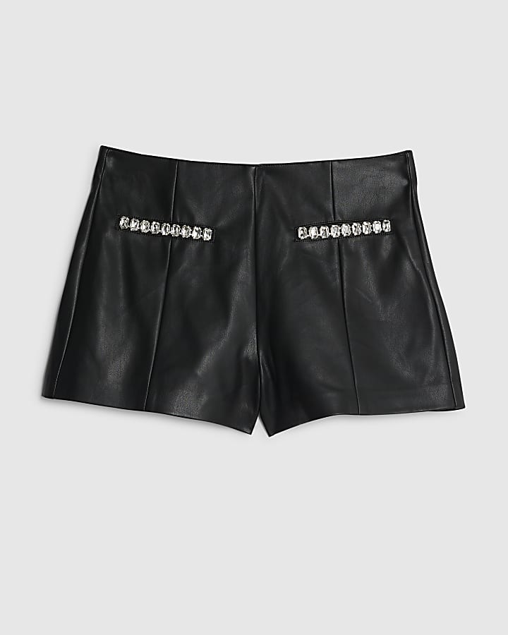 Black Faux Leather Embellished Trim Hot Pants