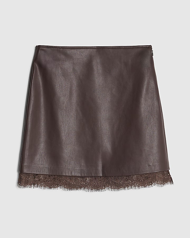 Red Faux Leather Lace Trim Mini Skirt