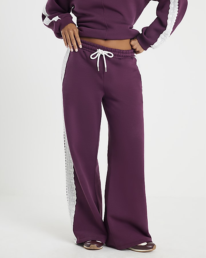 Petite Red Lace Trim Wide Leg Joggers