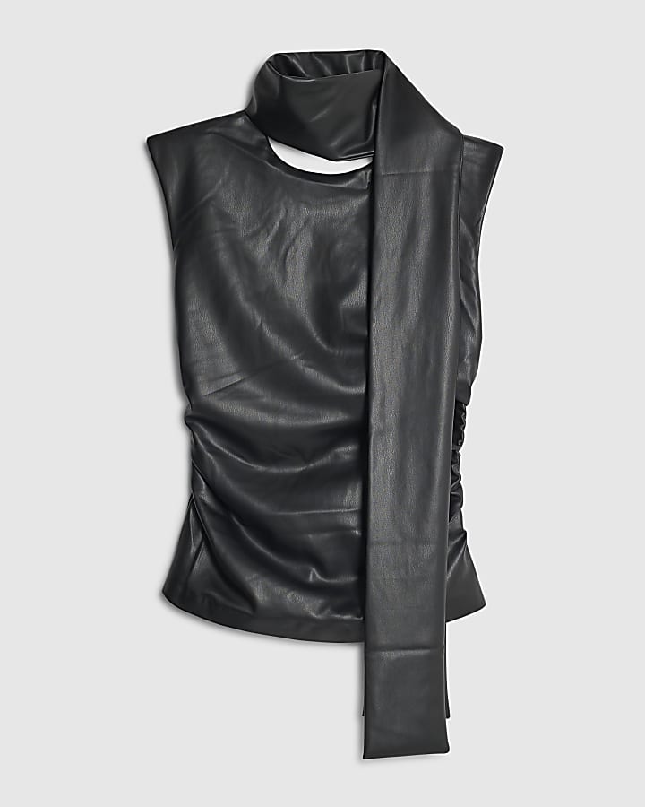 Black Faux Leather Scarf Top
