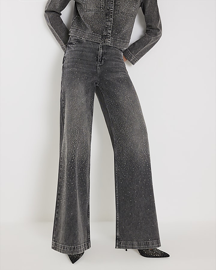 Grey High Rise Embellished Wide Leg Jeans