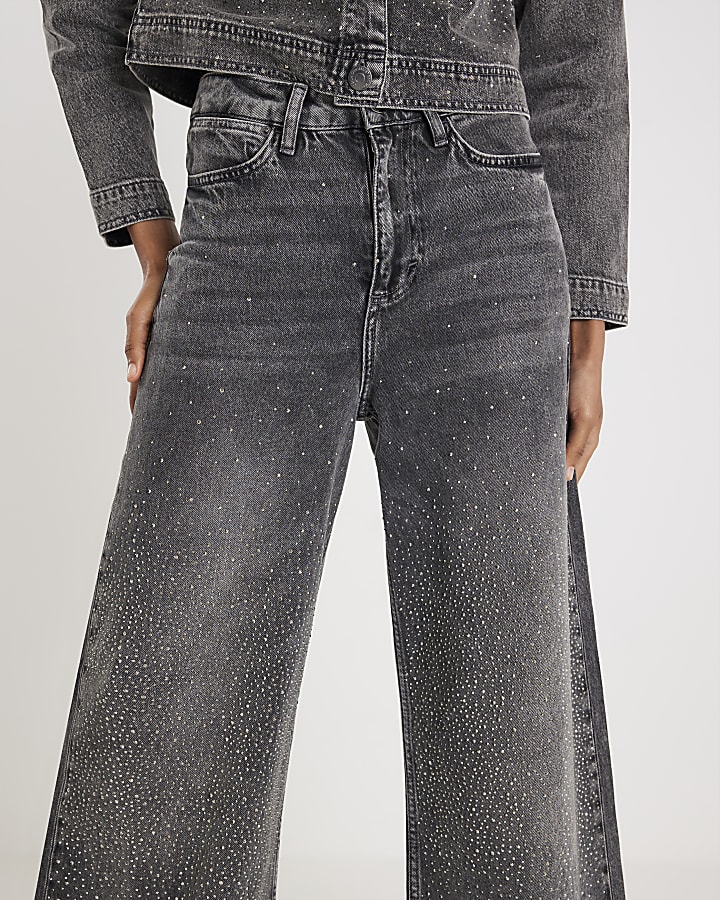 Grey High Rise Embellished Wide Leg Jeans