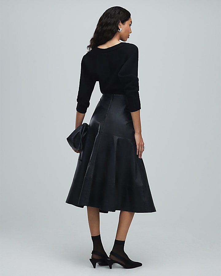 Black Leather A Line Midi Skirt