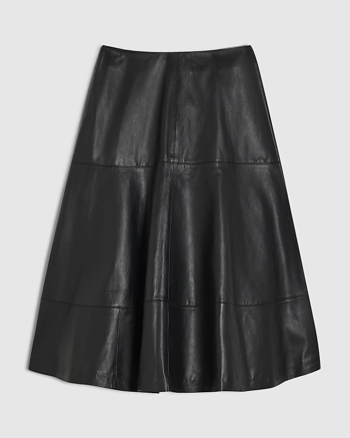 Black Leather A Line Midi Skirt