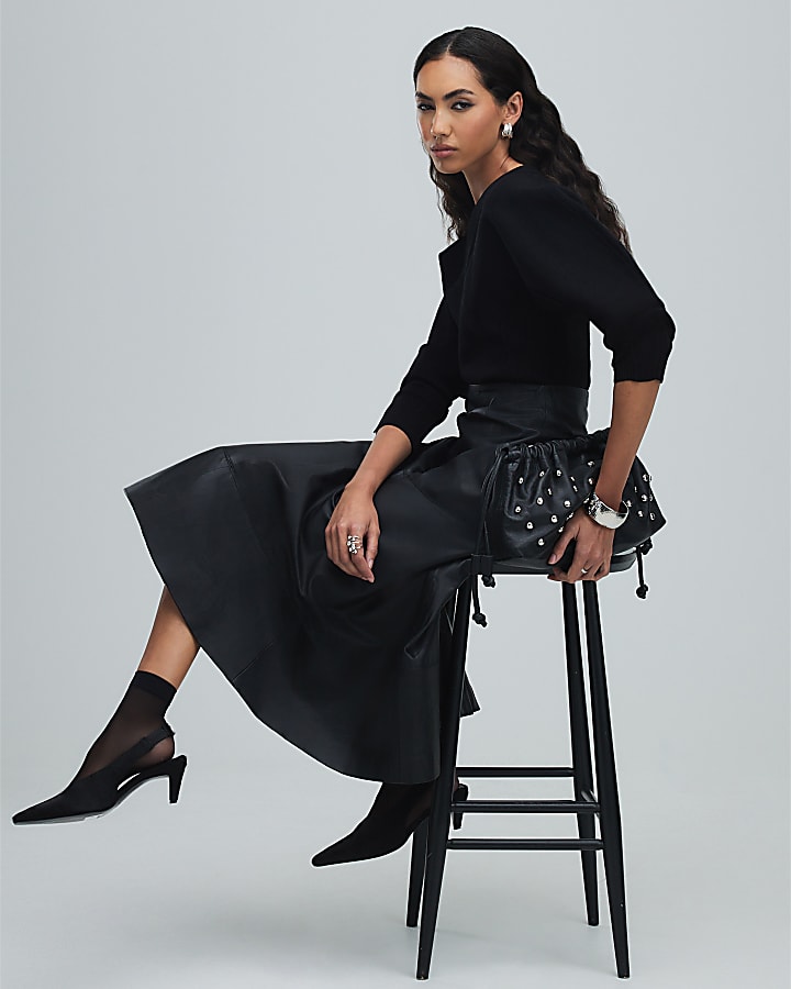 Black Leather A Line Midi Skirt