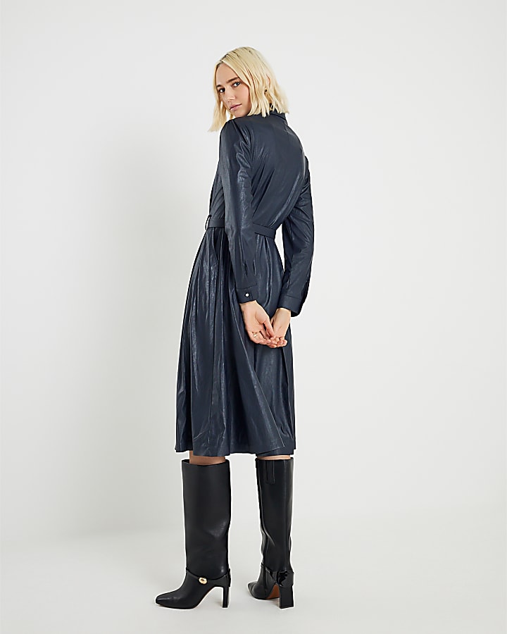 Navy Faux Leather Collared Midi Dress