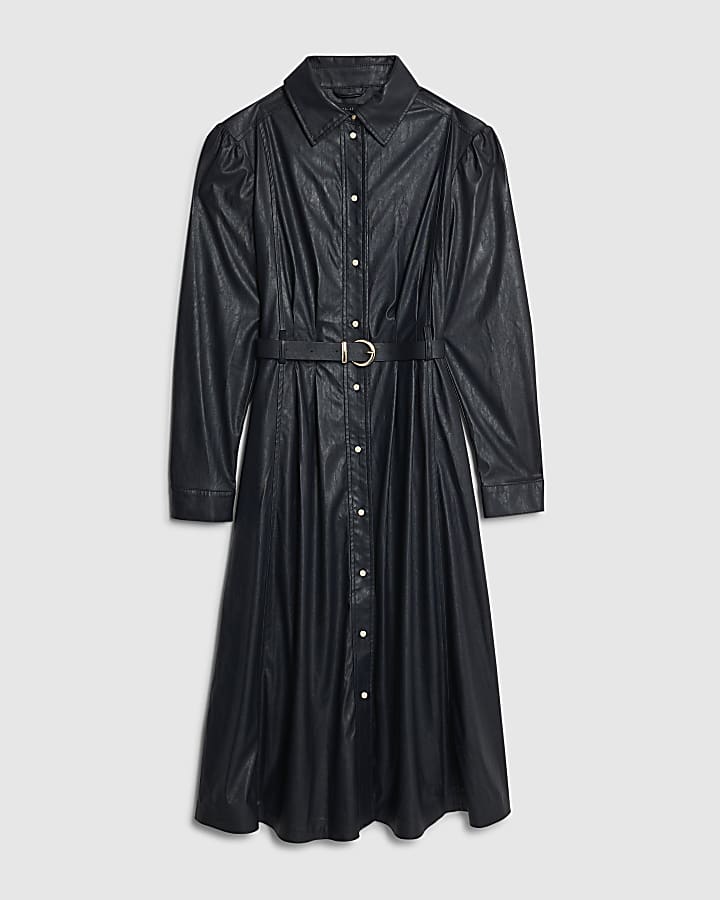 Navy Faux Leather Collared Midi Dress