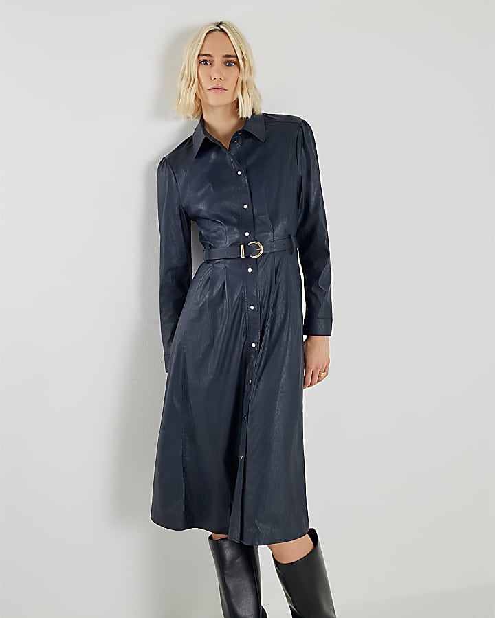 Navy Faux Leather Collared Midi Dress
