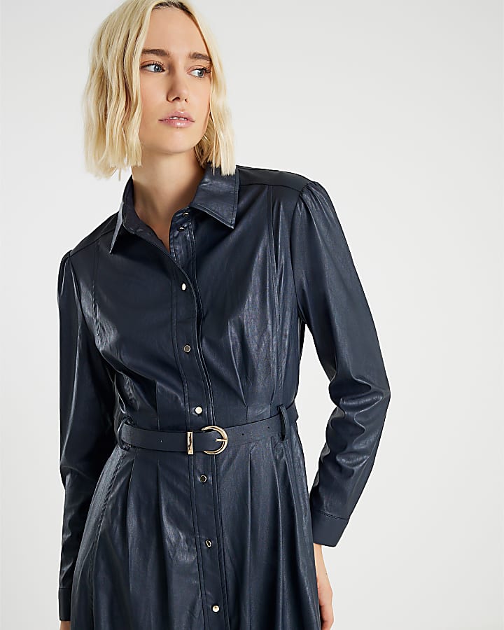 Navy Faux Leather Collared Midi Dress