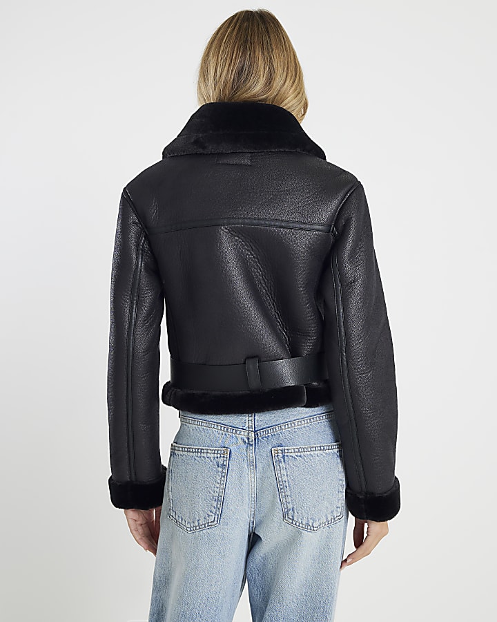 Black Belted Crop Aviator Jacket