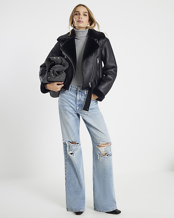 Black Belted Crop Aviator Jacket