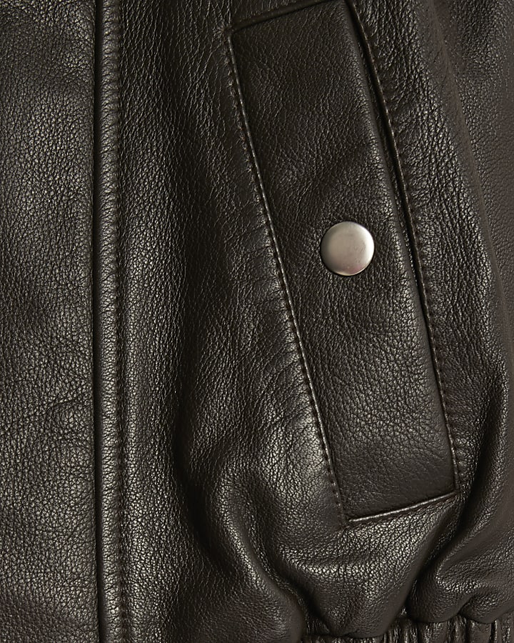 Brown Funnel Neck Leather Bomber Jacket