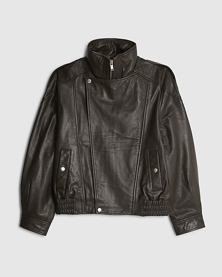 Brown Funnel Neck Leather Bomber Jacket