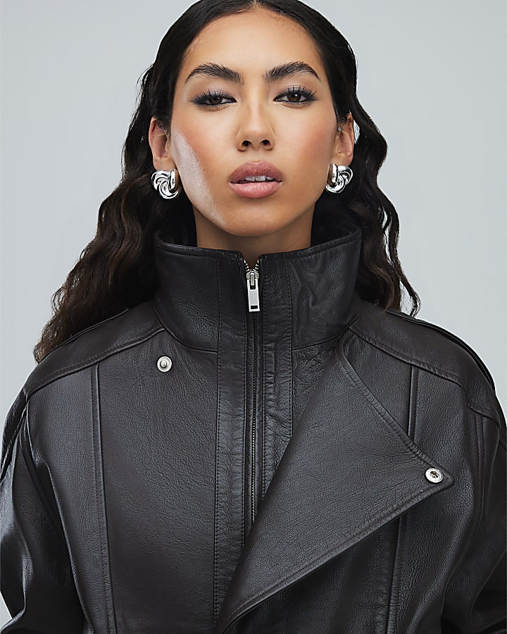 Brown Funnel Neck Leather Bomber Jacket