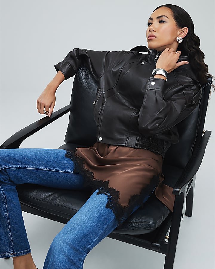 Brown Funnel Neck Leather Bomber Jacket