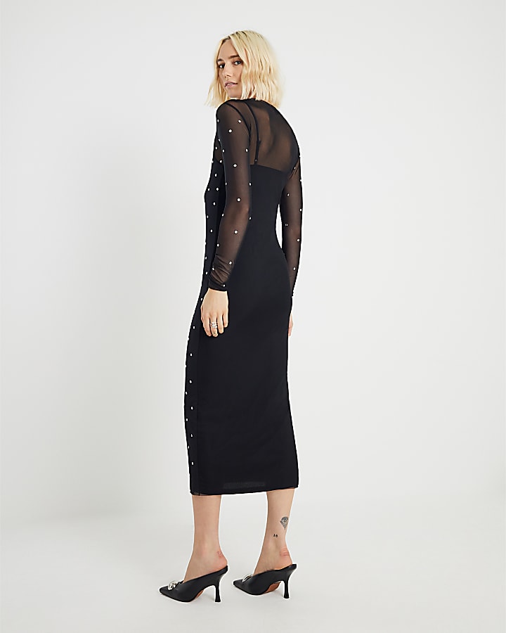 Black Mesh Long Sleeve Studded Midi Dress