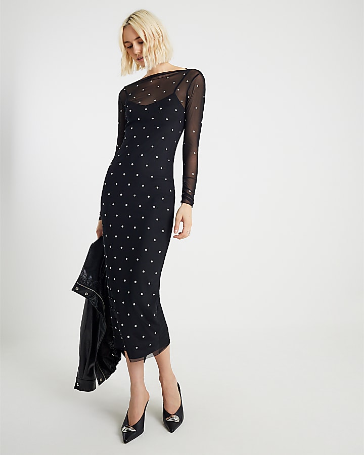 Black Mesh Long Sleeve Studded Midi Dress