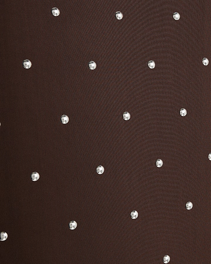 Brown Mesh Long Sleeve Studded Midi Dress