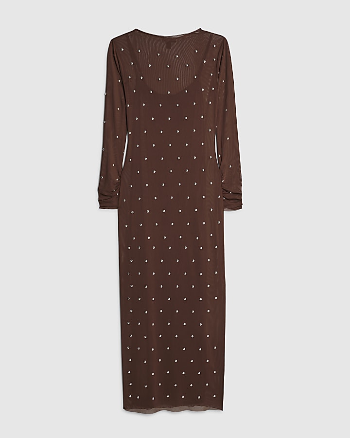 Brown Mesh Long Sleeve Studded Midi Dress