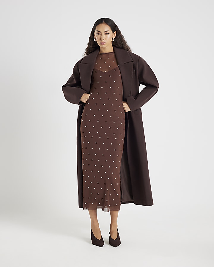 Brown Mesh Long Sleeve Studded Midi Dress
