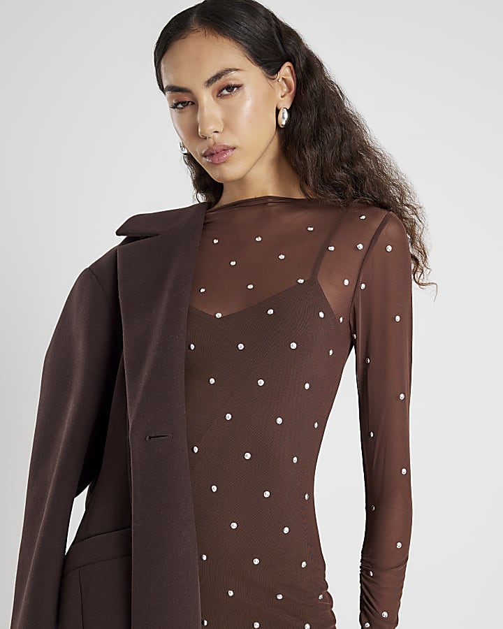 Brown Mesh Long Sleeve Studded Midi Dress