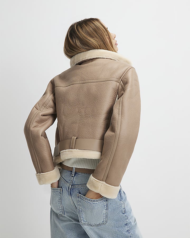 Brown Belted Cropped Aviator Jacket
