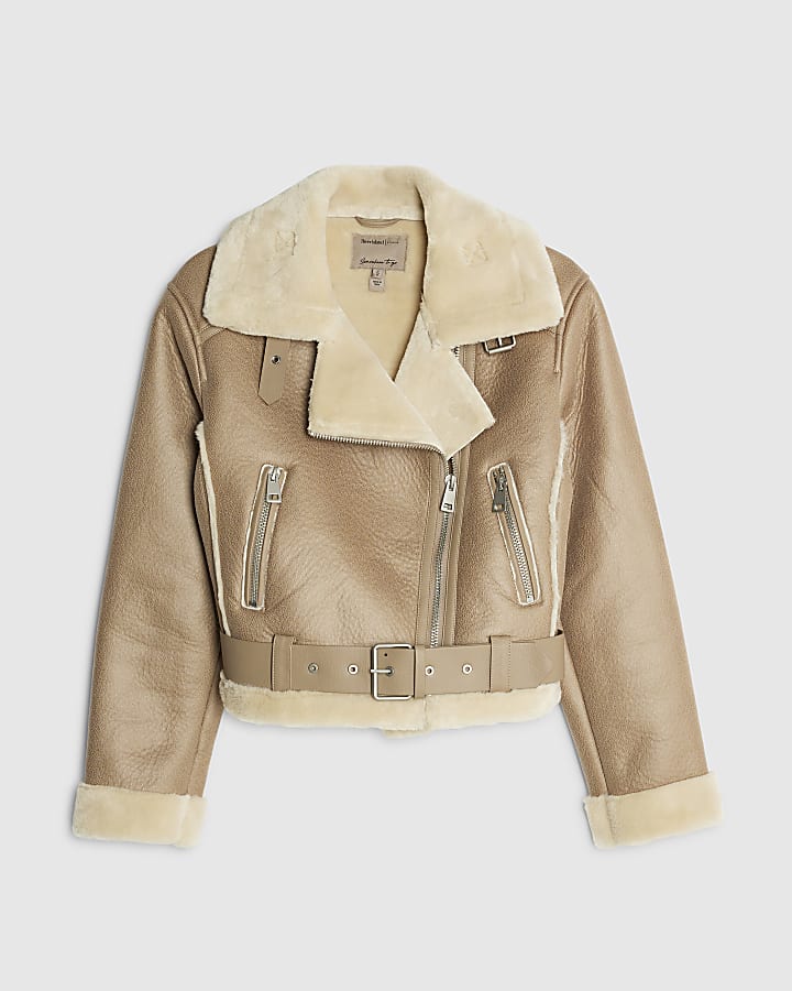 Brown Belted Cropped Aviator Jacket