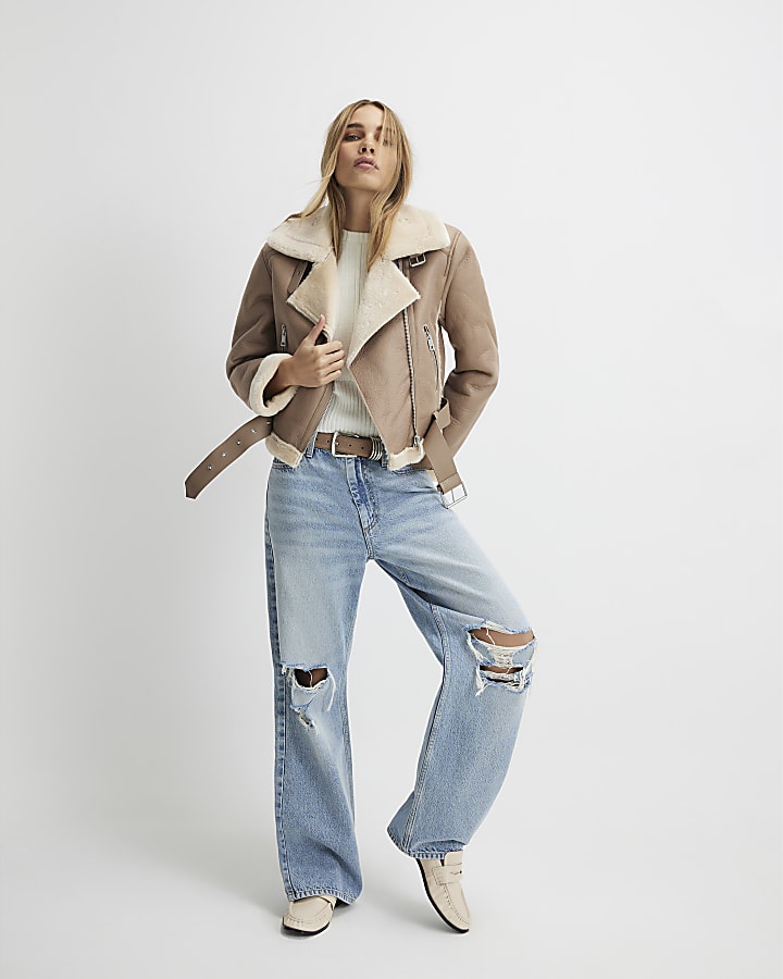 Brown Belted Cropped Aviator Jacket