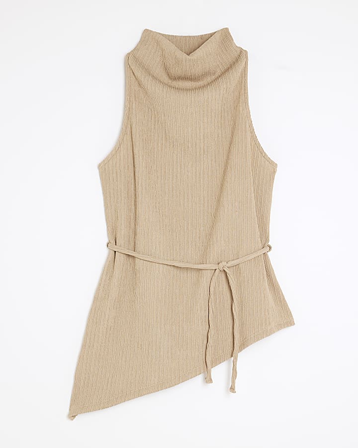 Brown Textured Tie Waist Top