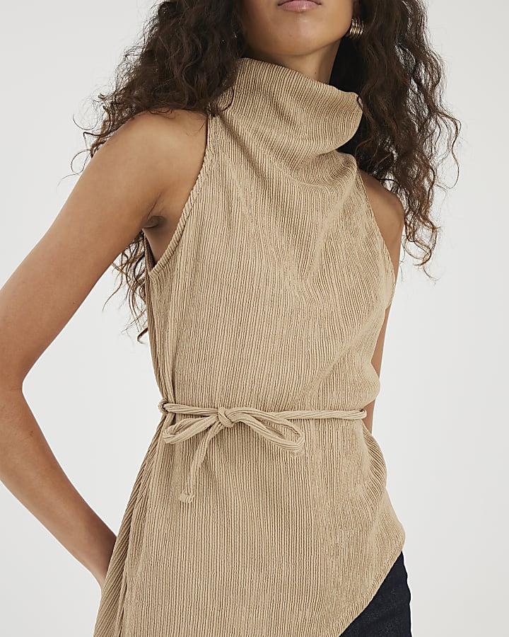 Brown Textured Tie Waist Top