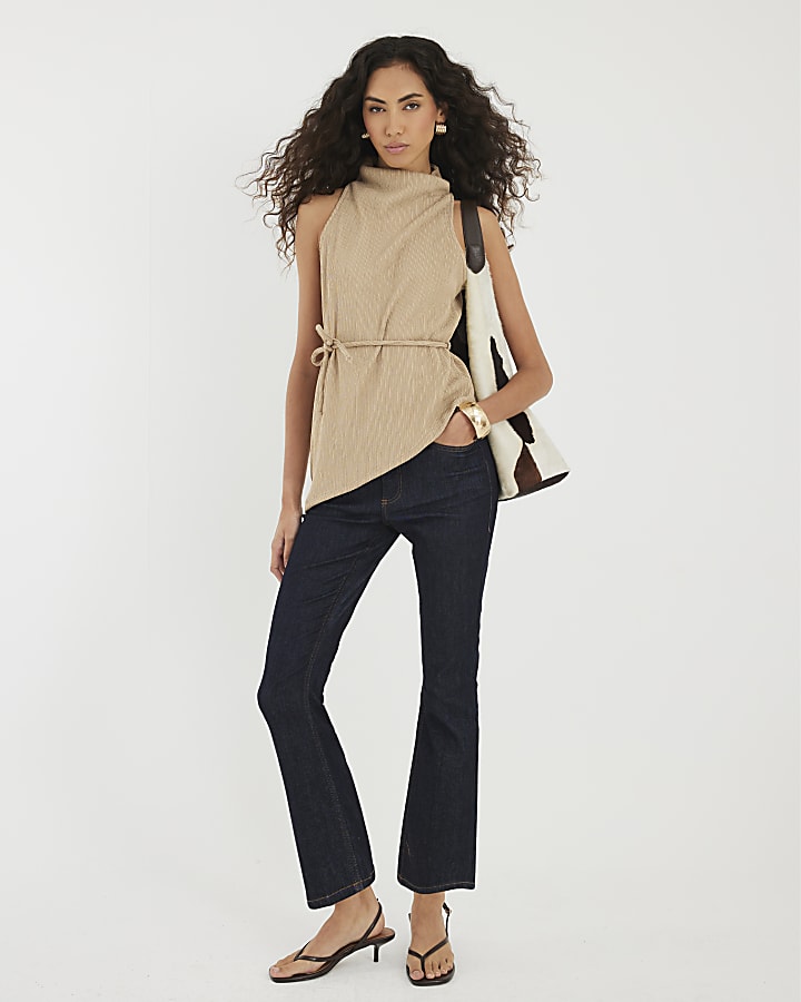 Brown Textured Tie Waist Top