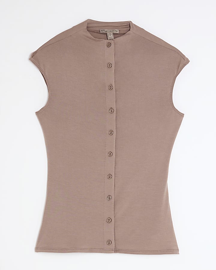 Brown Button Up High Waisted Top
