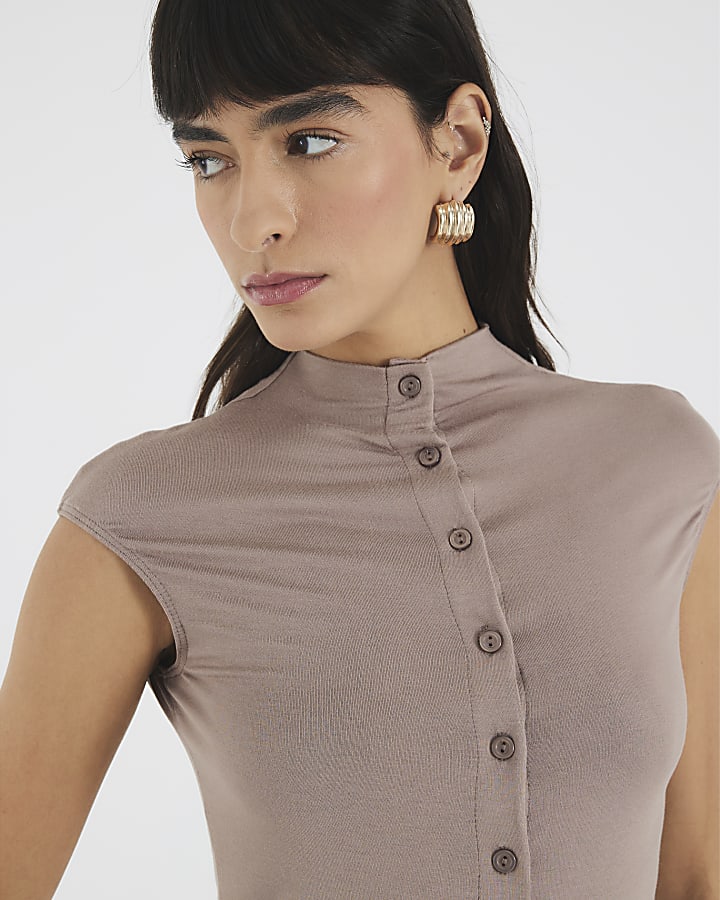 Brown Button Up High Waisted Top