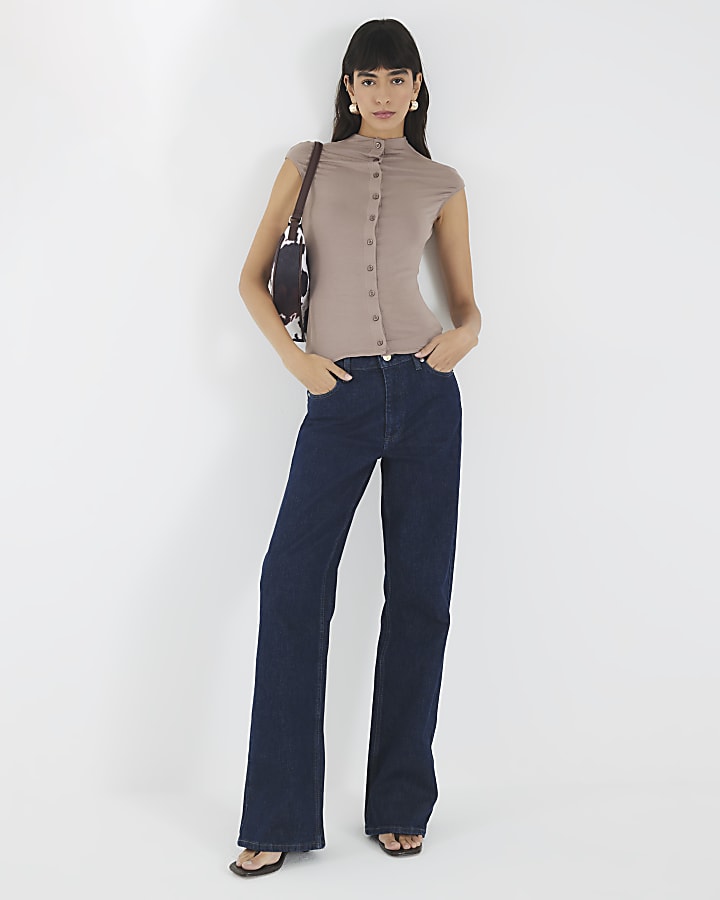 Brown Button Up High Waisted Top