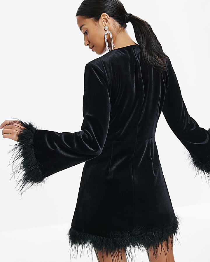 Petite Black Velvet Feather Trim Mini Dress